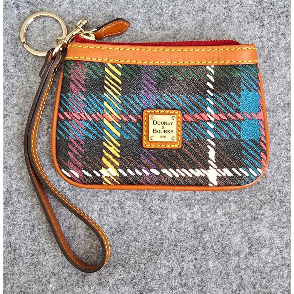 Dooney & Bourke Tartan Plaid Medium Wristlet in Teal Red Yellow Purple EUC
